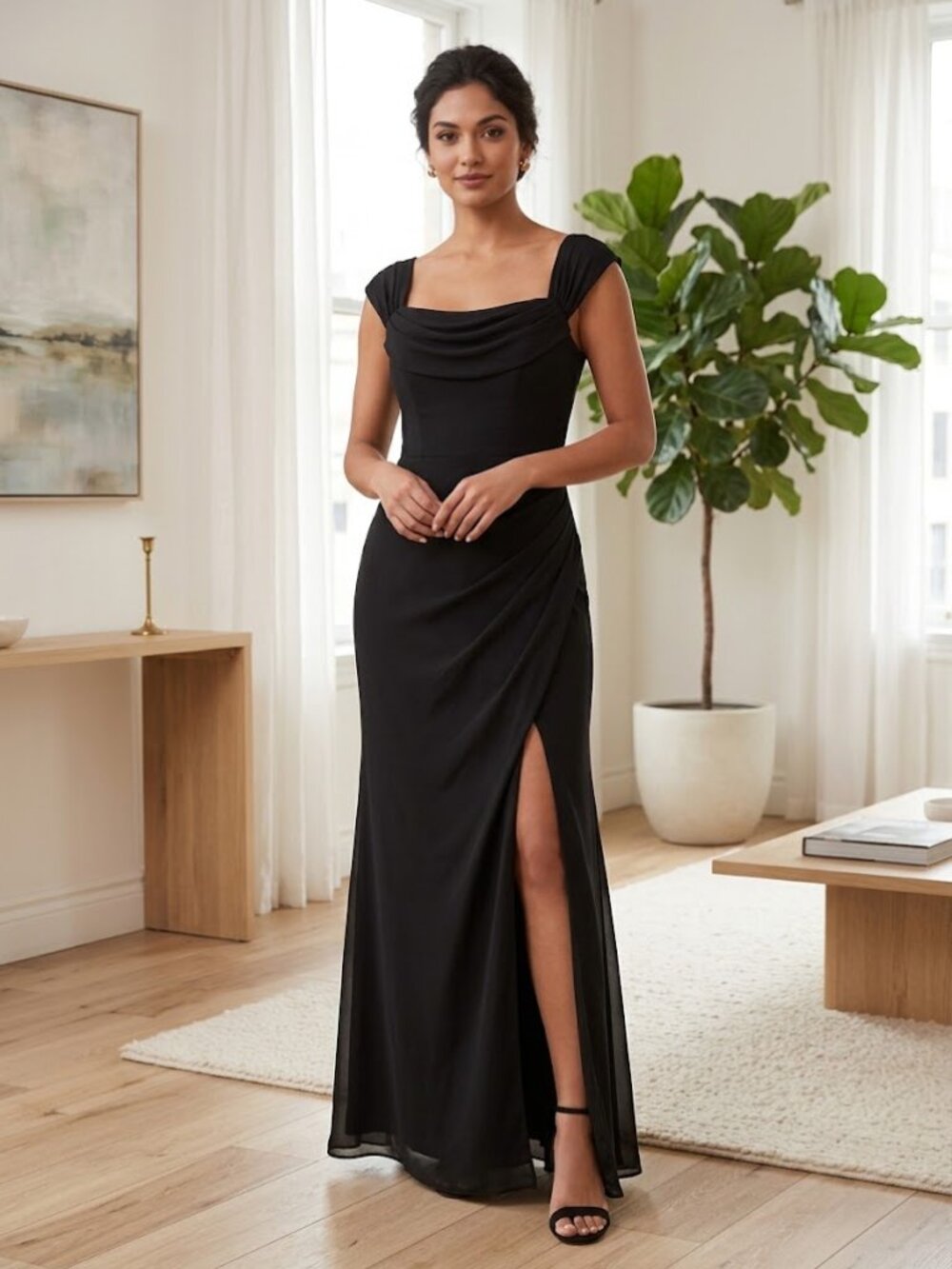 JJ's House Off-The-Shoulder Ruched Formal Gown Black High Slit Maxi Dress -NWT
